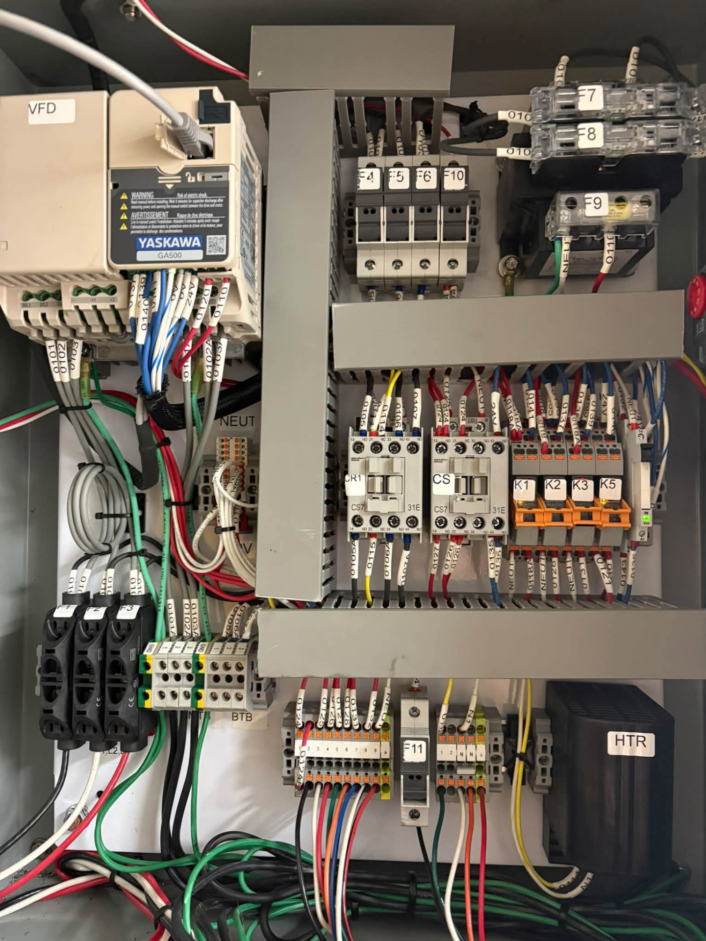 Motor control panel with VFD and labeled terminations
